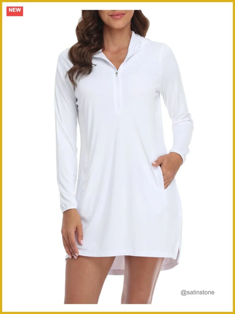 UPF 50 Long Sleeve Hooded Swim Cover Up Dress with Pockets Quick Dry Sun